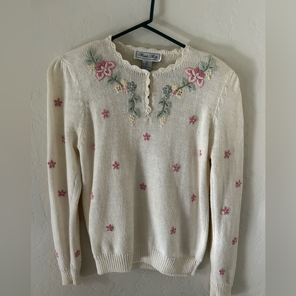 PRIVATE PARTY Cream Sweater with Pink Floral Embroidery